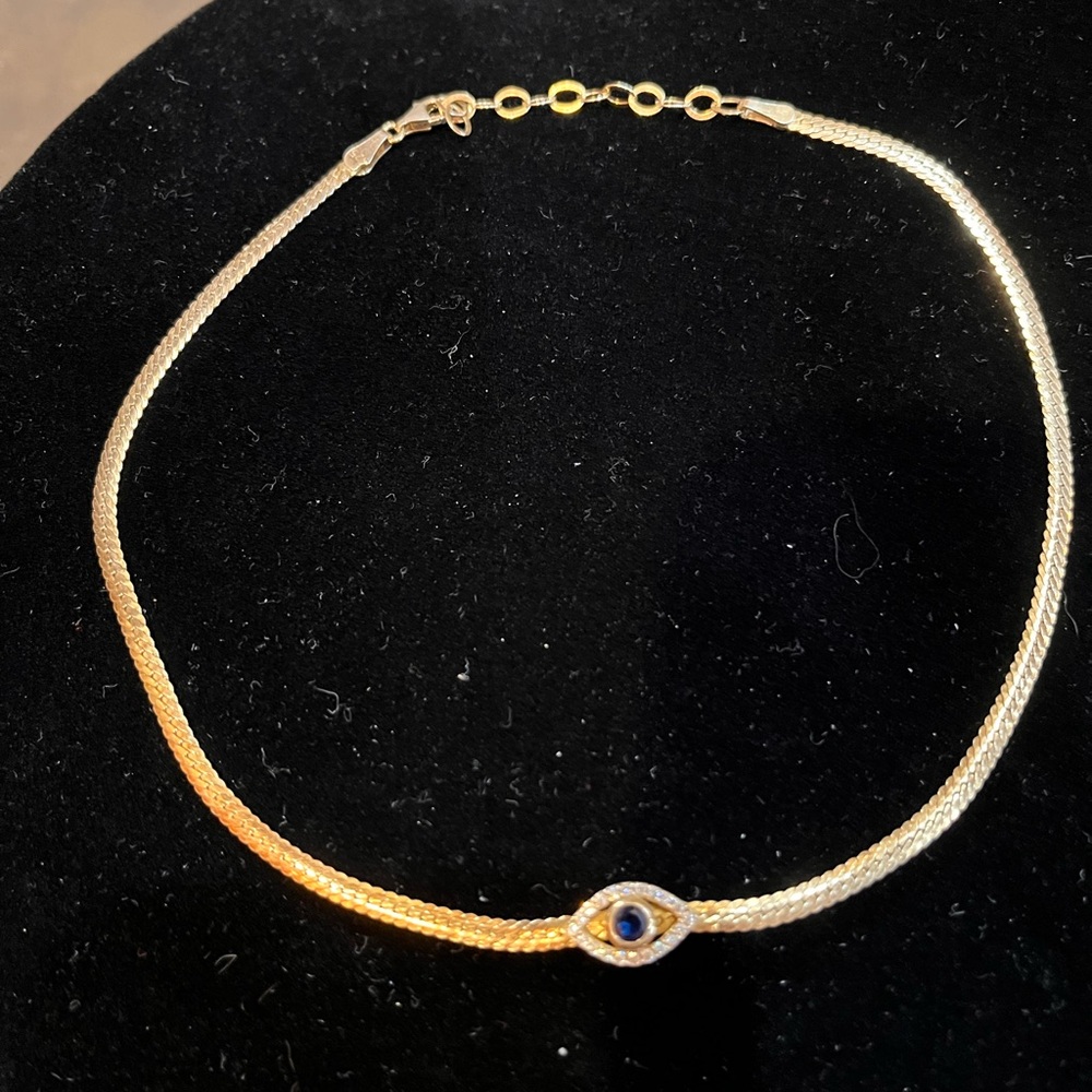 Gold Plated 925 Sterling Silver Evil Eye Choker | Herringbone Snake Chain